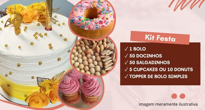 Delícias da Manu, Kit Festa: 01 Bolo + 50 Docinhos + 50 Salgadinhos + 5 Cupcakes ou 10 Donuts Delícias da Manu, Kit Festa: 01 Bolo + 50 Docinhos + 50 Salgadinhos + 5 Cupcakes ou 10 Donuts