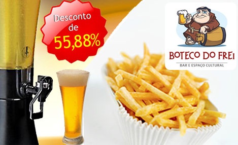 Oferta de Lançamento com 55,88% de desconto. 1 Torre de Cerveja + 01 porção de fritas de R$ 34,00 por R$ 15,00 no Boteco do Frei em Imperatriz Maior desconto e melhor oferta em compra coletiva em Imperatriz: Oferta de Lançamento com 55,88% de desconto. 1 Torre de Cerveja + 01 porção de fritas de R$ 34,00 por R$ 15,00 no Boteco do Frei em Imperatriz