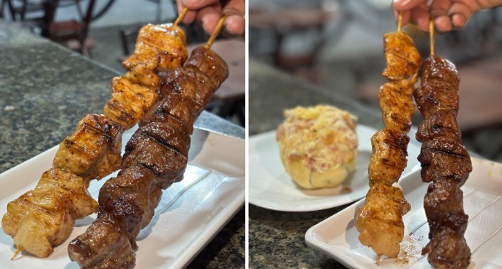 Casa do Espeto Restaurante, Combo Irresistível: Espeto de carne + Espeto de frango + 1 Delicioso Pão de alho Casa do Espeto Restaurante, Combo Irresistível: Espeto de carne + Espeto de frango + 1 Delicioso Pão de alho