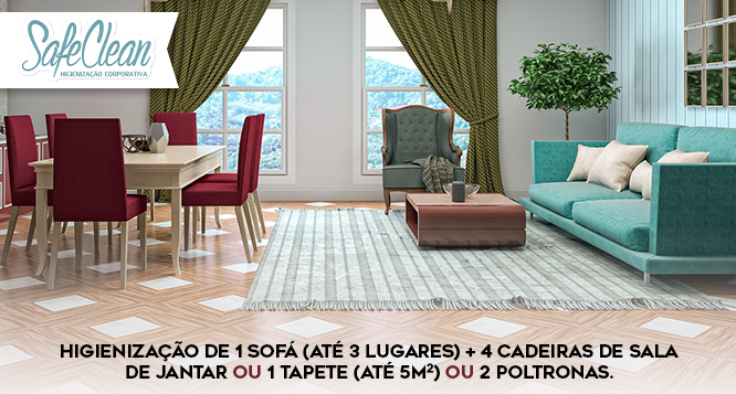 Higienização de 1 Sofá + 4 Cadeiras de sala de jantar OU 1 tapete OU 2 poltronas Higienização de 1 Sofá + 4 Cadeiras de sala de jantar OU 1 tapete OU 2 poltronas
