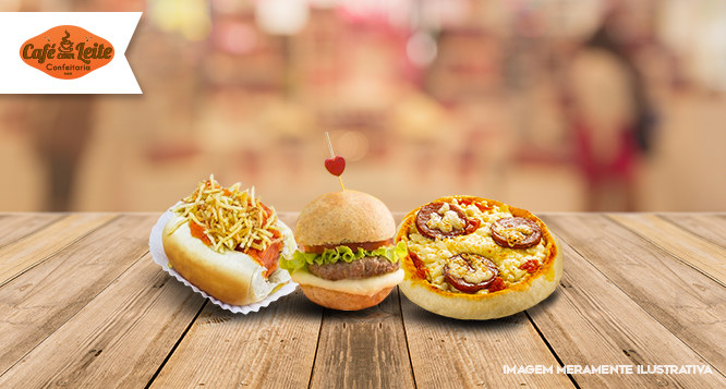 40 Mini Hot Dogs + 40 Mini Hambúrgueres + 20 Mini Pizzas na Café com Leite 40 Mini Hot Dogs + 40 Mini Hambúrgueres + 20 Mini Pizzas na Café com Leite