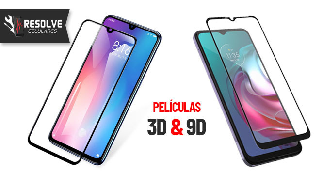 Película protetora 3D/9D + aplicação (diversos modelos de celulares) Película protetora 3D/9D + aplicação (diversos modelos de celulares)