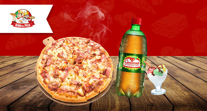Pizza G + 1 Refrigerante 1L + 1 Sorvete P no Reino da Pizza Pizza G + 1 Refrigerante 1L + 1 Sorvete P no Reino da Pizza